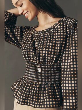 By Anthropologie Gingham Smocked Peplum Blouse | Balloon Sleeve | Petite Small